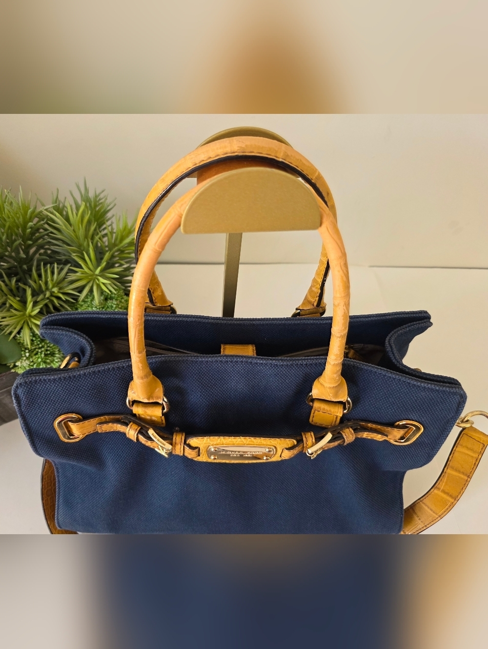 Michael Kors Hamilton East/West Large Tote Navy Canvas Leather Trim Crossbody - Picture 15 of 16